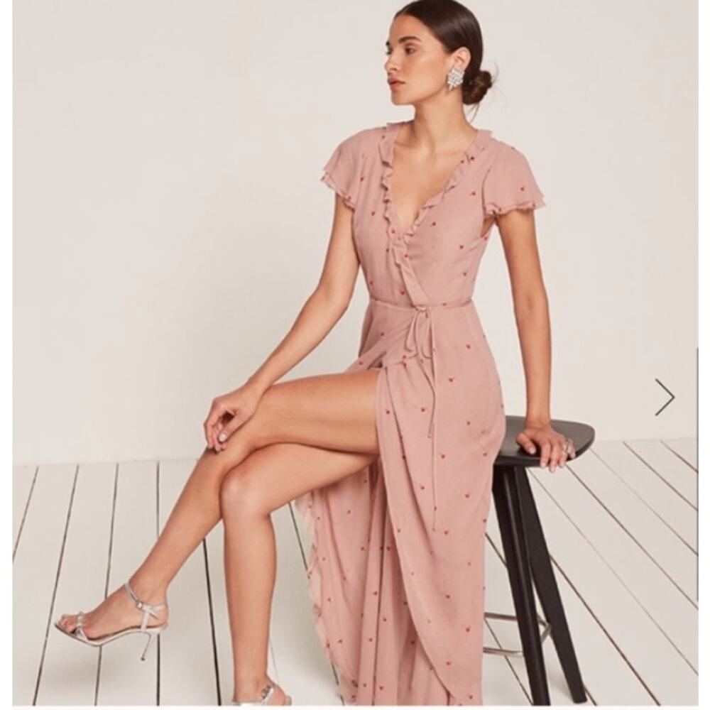 Reformation Dusty Rose Midi Wrap Dress with Subtle Red Dot Print